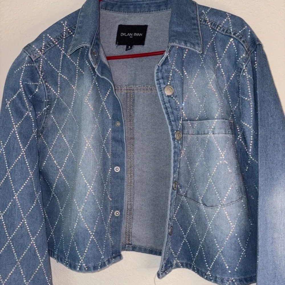 Dylan Kain Light Blue Rhinestone Argyle Cropped Jean Jacket - Picture 2 of 5